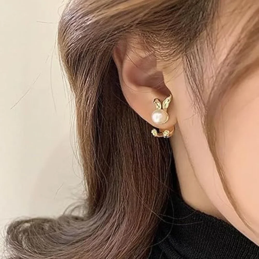 Cute Bunny Rabbit Earrings for Women Gold with Pearls Brand New !!